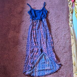 Boho Blue & Coral Patterned Wrap Dress